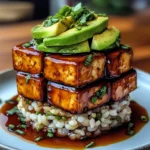 Crispy Teriyaki Tofu and Avocado Rice Stack